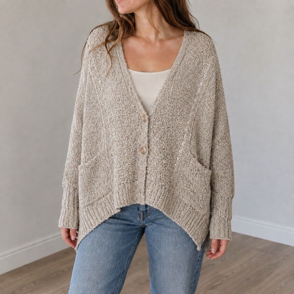 Free People Small Oversized Boucle Cardigan Taupe Open Knit Dolman Pockets